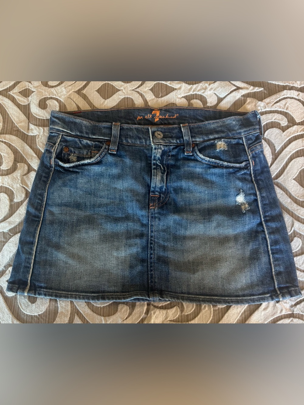 7 For All Mankind - Distressed Dark Blue Denim Mini Skirt